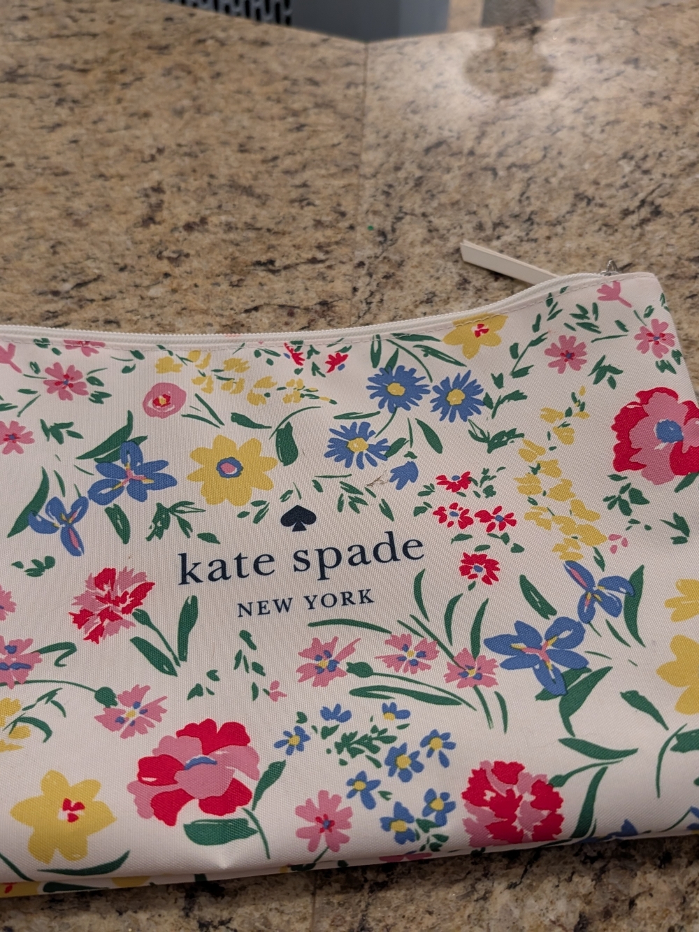 kate spade Floral Cosmetic Pouch in White with Pink, Red, Yellow, Blue & Green